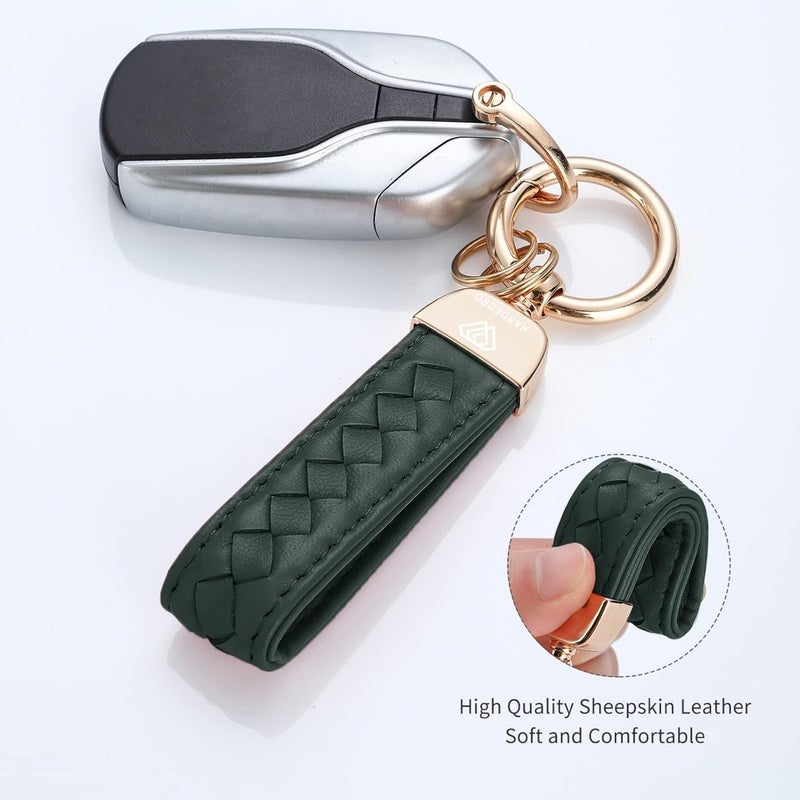 Hamdecro Store Genuine Leather Keychains, Handmade Knit Sheepskin Car Key chains for Women, Universal Key Fob Holder with 360 Degree Rotatable, Anti-Lost D-Ring, 2 Keyrings and 1 Screwdriver – Green - Image 2